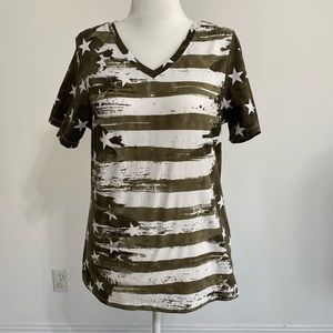 NWOT Denim & Co Olive Flag T Shirt